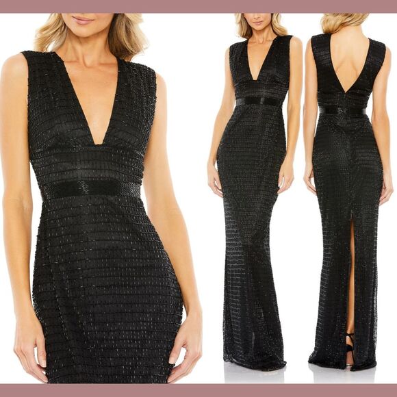 NWT $598 Mac Duggal [ 16 ] 5625 Beaded‎ Cap Sleeve V Neck Column Gown Black - Picture 1 of 16